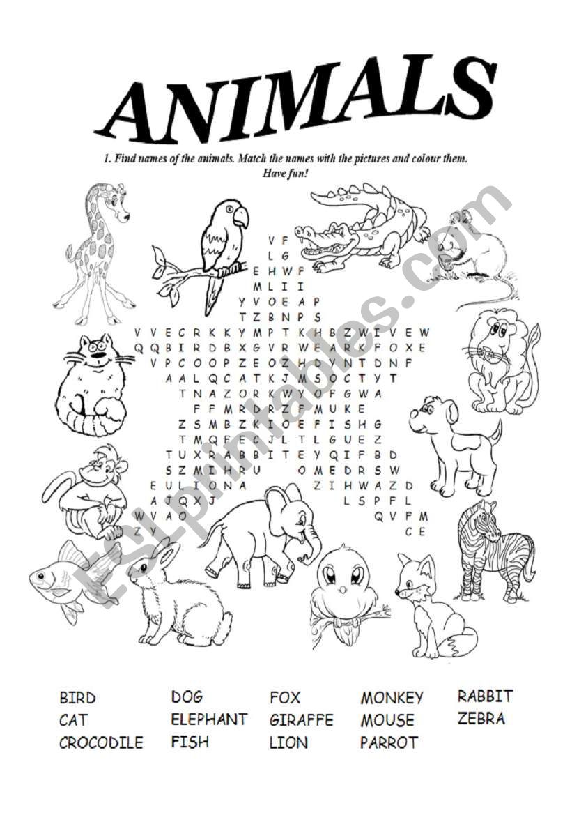 Animals wordsearch worksheet