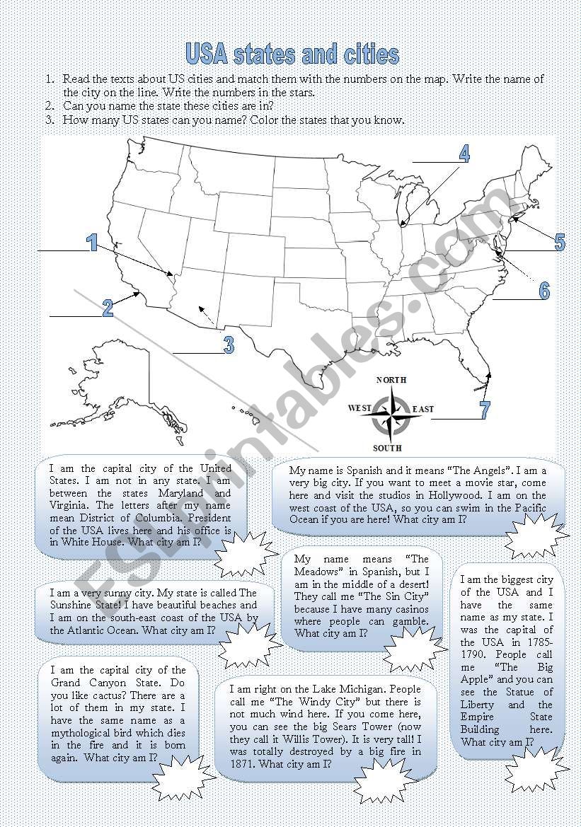 USA cities worksheet