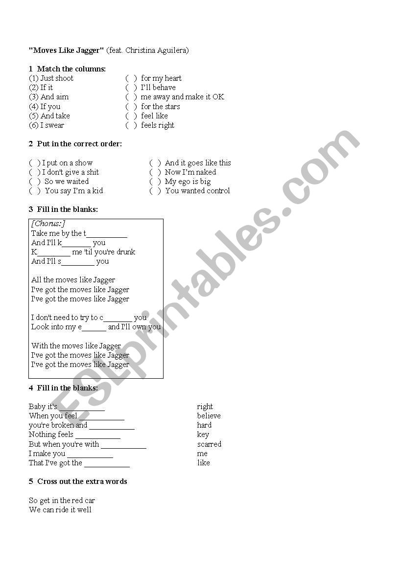 Song:  Moves like Jagger worksheet