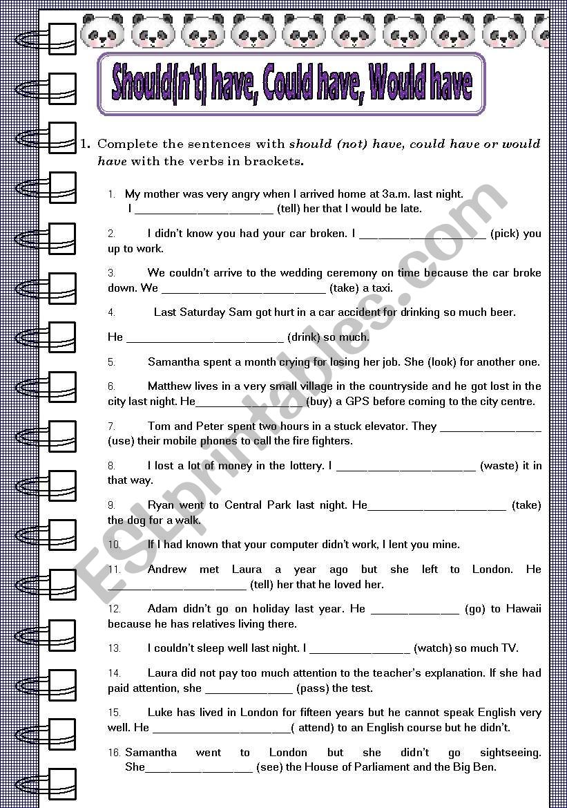 SHOULD(NÂ´T) HAVE- COULD(NÂ´T) HAVE-  WOULD(NÂ´T) HAVE EXERCISES WITH KEY