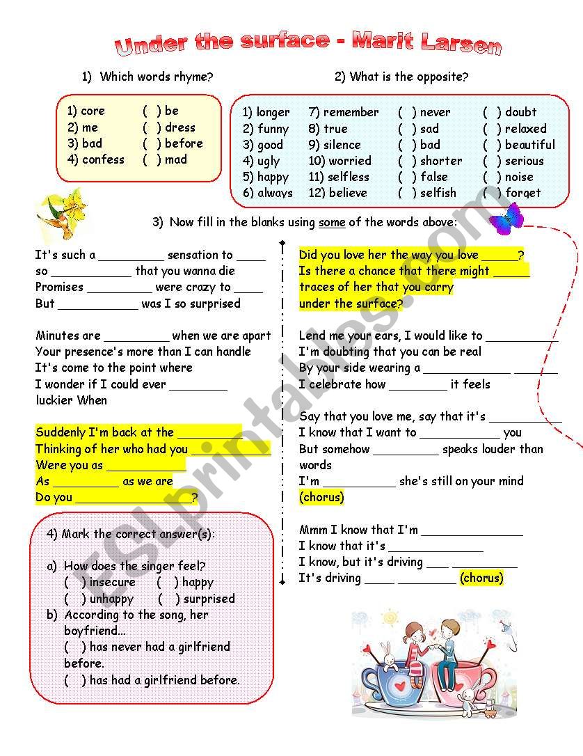Under the surface (Marit Larsen) - Song with exercises and answer key