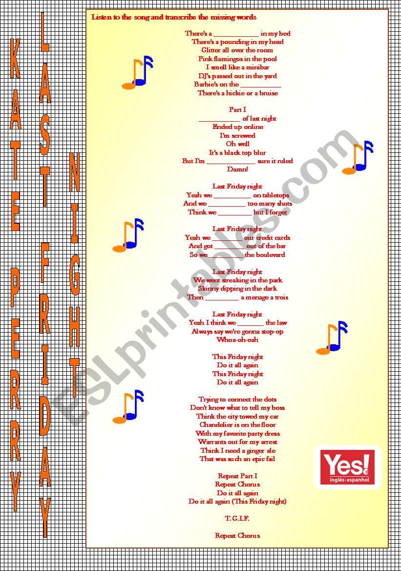 Song Last Friday Night Esl Worksheet By Teacher Marcellyta esl printables