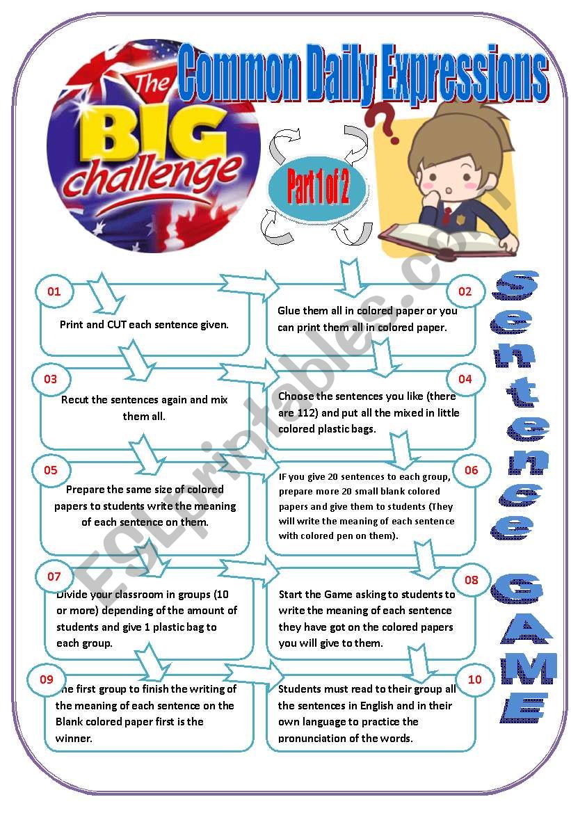 #67# Sentences - ENGLISH CHALLENGE - SENTENCE GAME Part 1 of 2 - Game with 10 instructions + 67 sentences ready to print