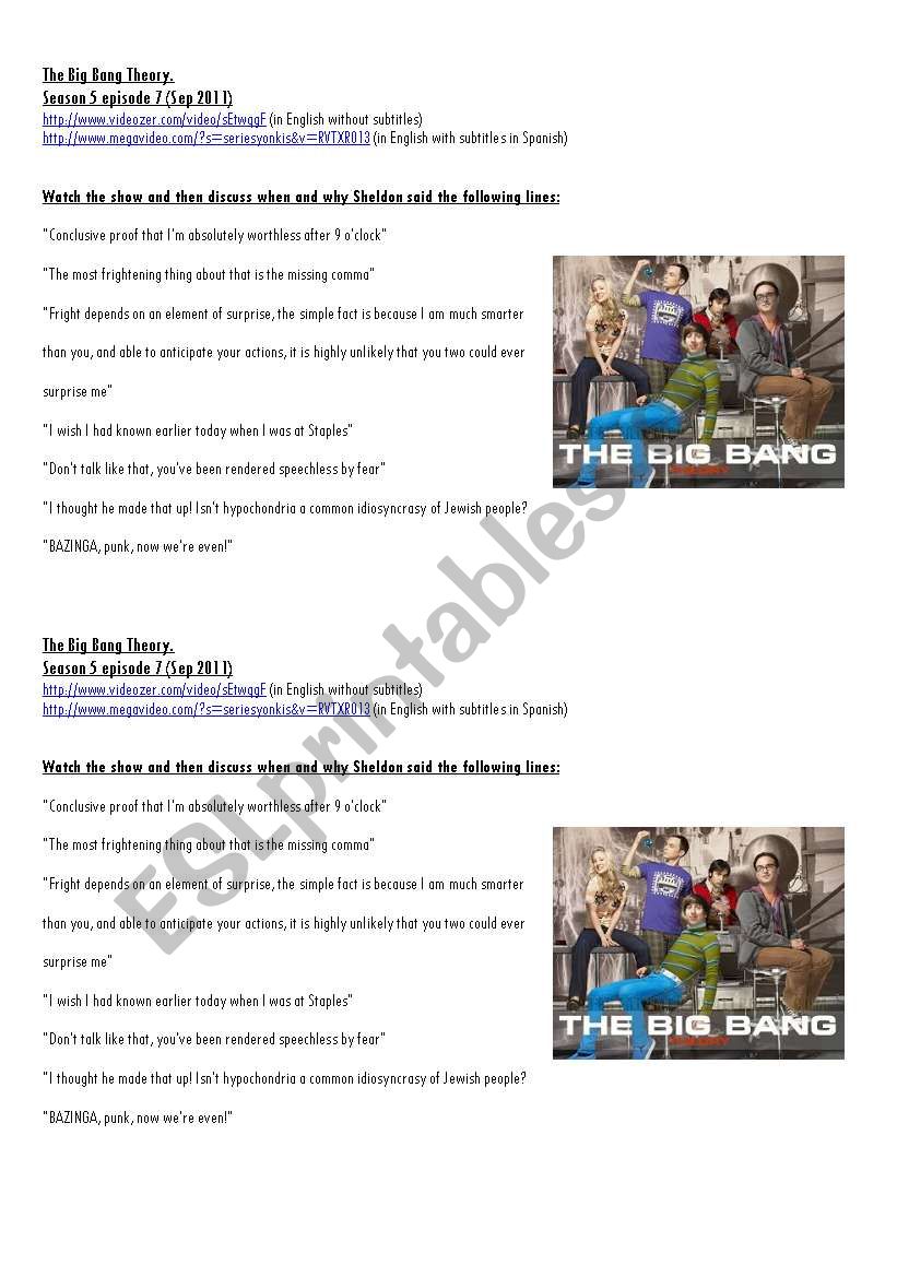 the big bang theory season 5 episode 7 2011 ESL worksheet by rpber