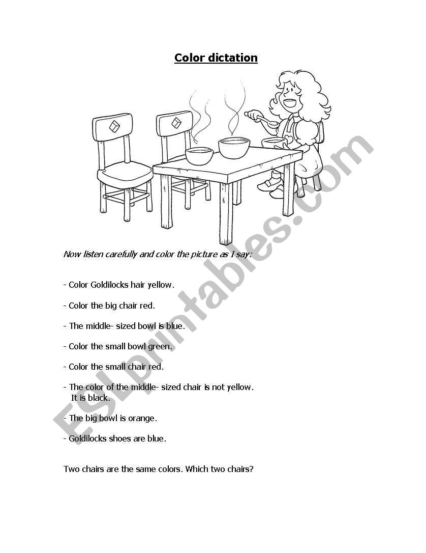 Goldilocks Colour dictation worksheet