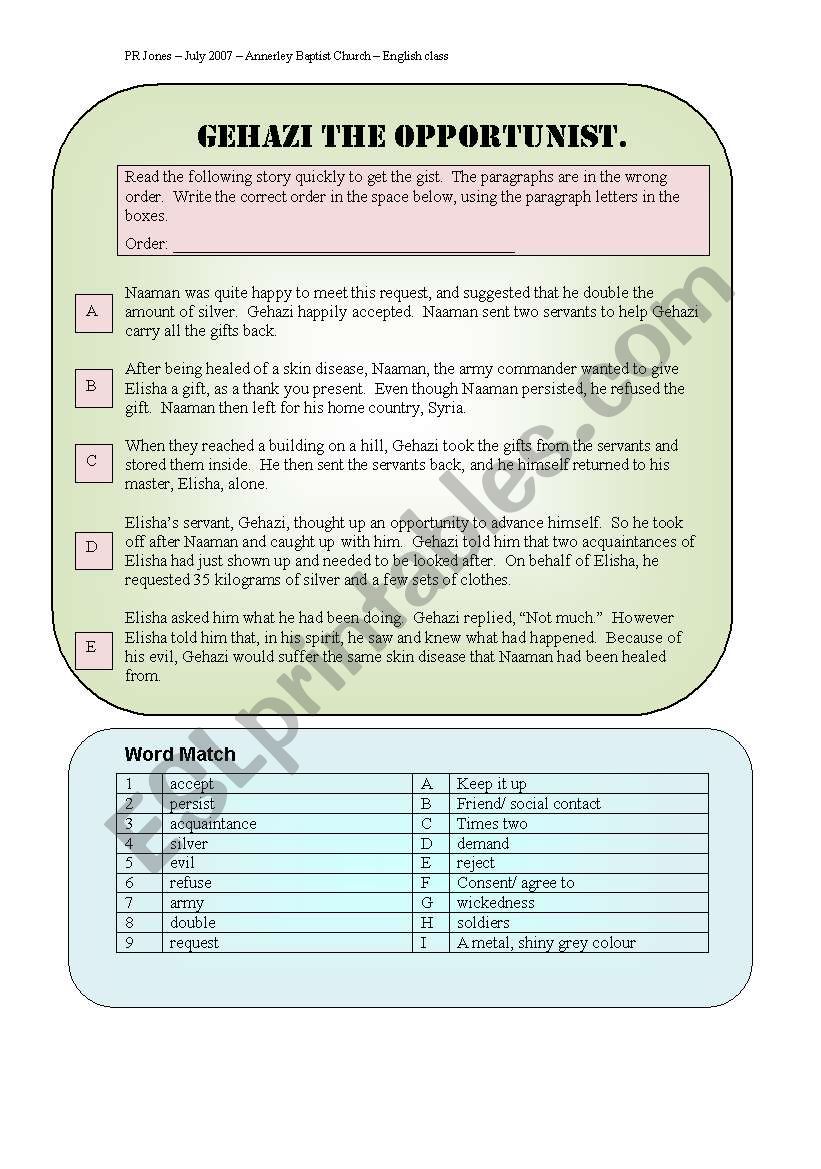 Gehazi the Opportunist worksheet