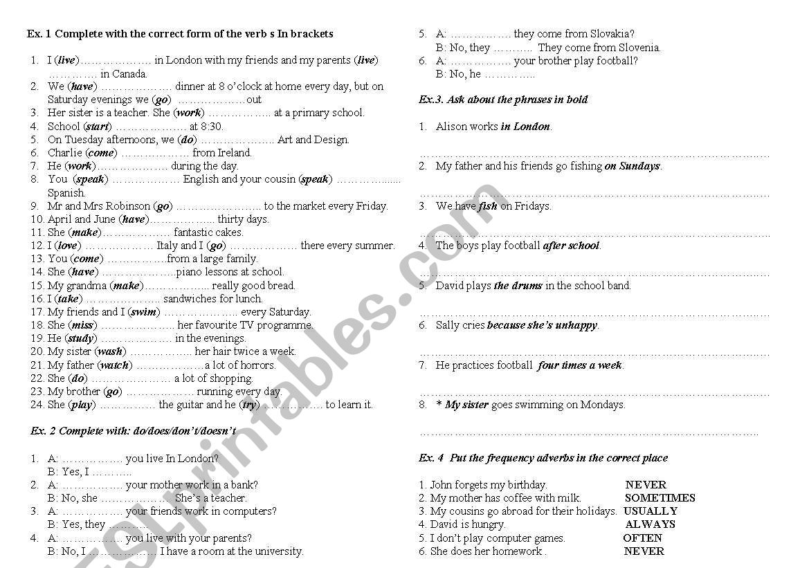 REVISION OF PRESENT TENSES worksheet