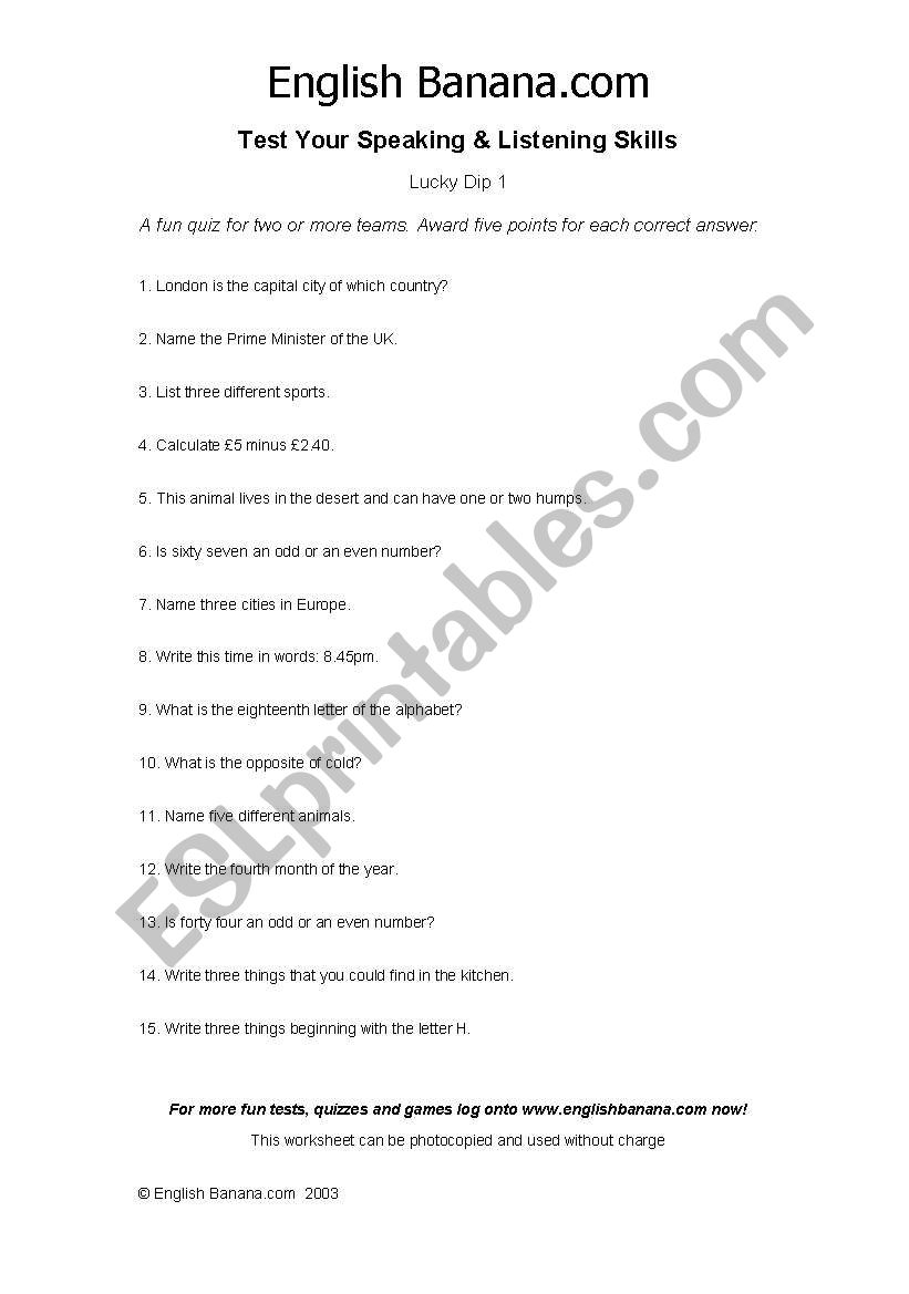 Lucky dip worksheet