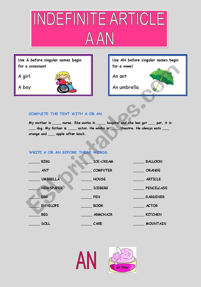 INDEFINITE ARTICLE worksheet