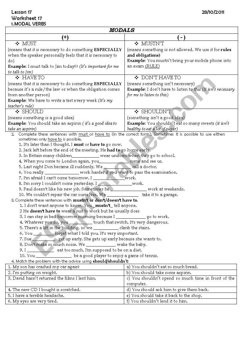 Modals worksheet  worksheet