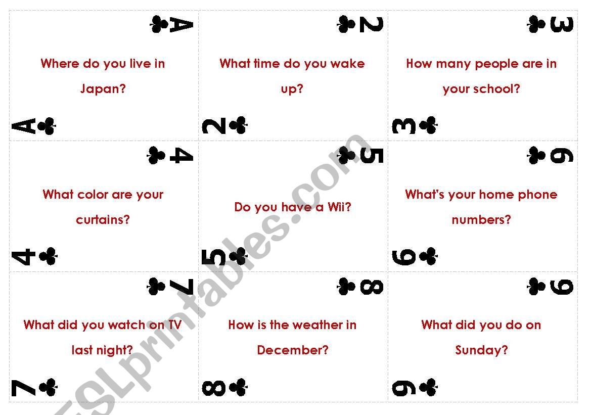 Question cards worksheet