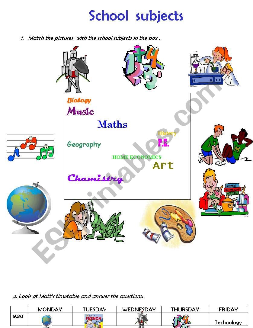 school subjects worksheet