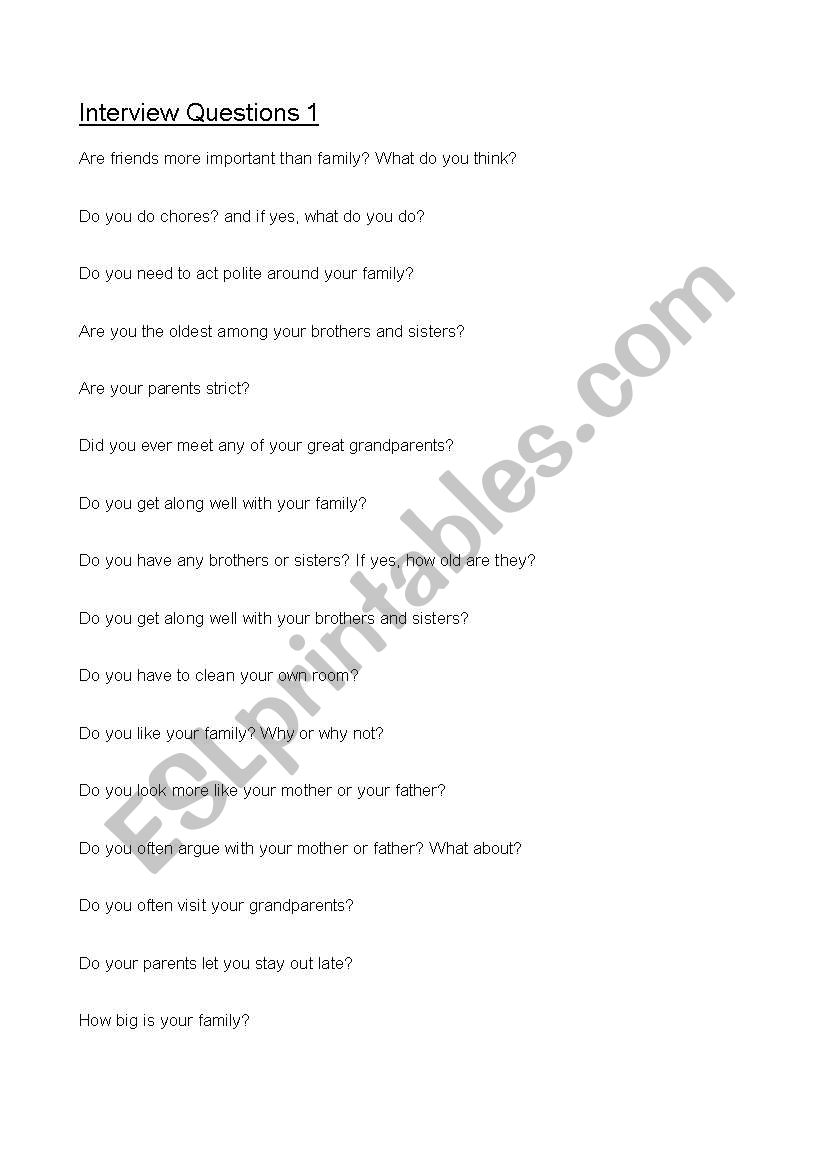interview questions family worksheet