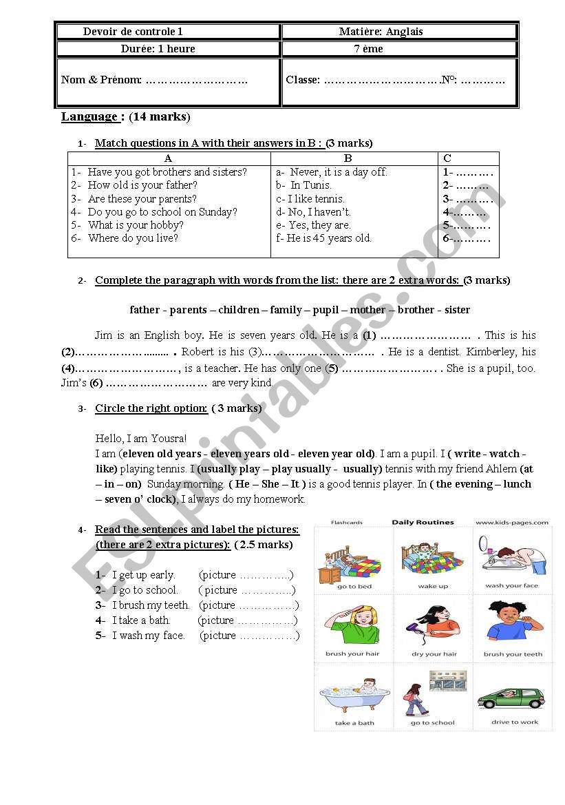 mid-term test 1 7th form worksheet