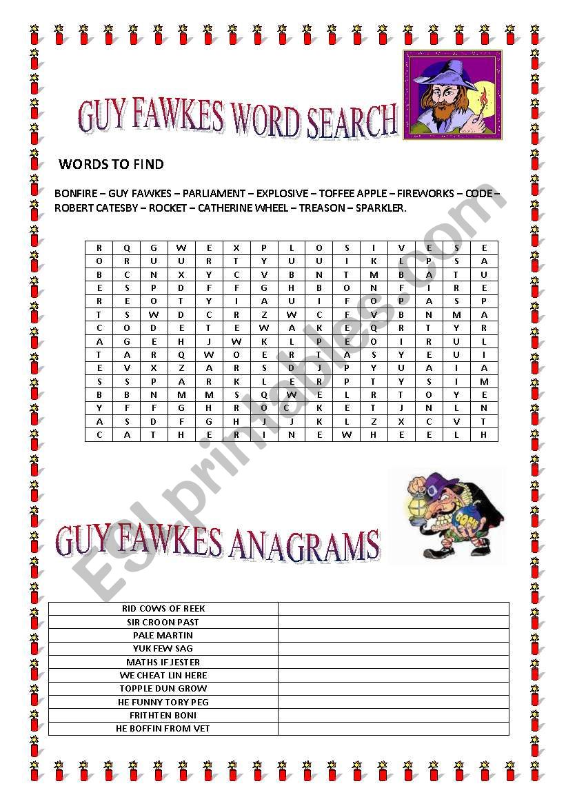 Guy Fawkes word games worksheet