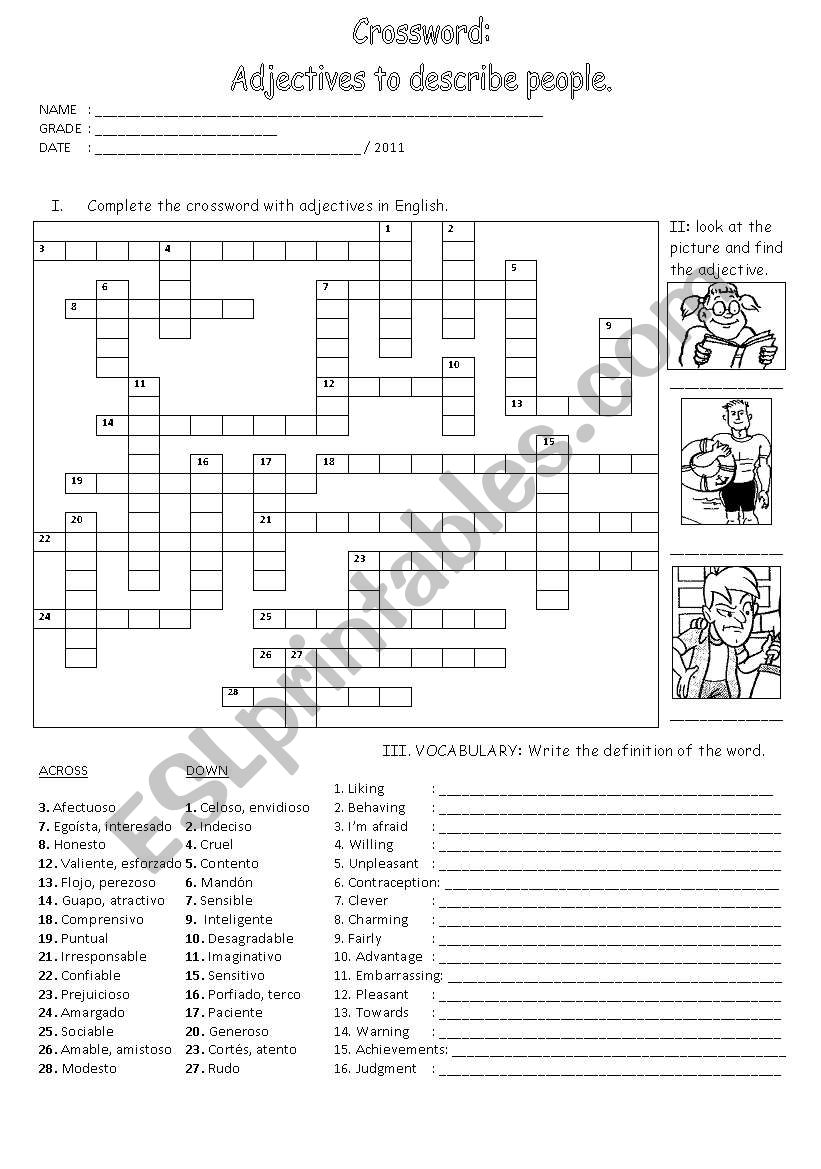 Adjectives to describe people worksheet