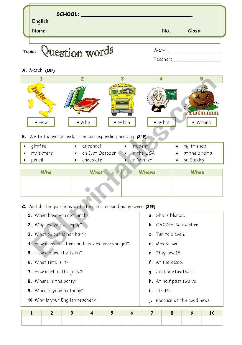 Question words test worksheet