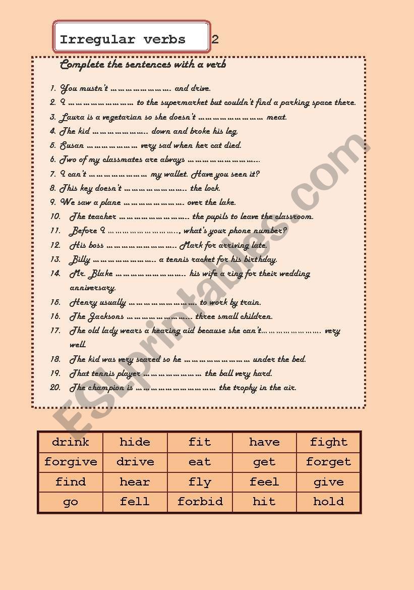 irregular verbs 2 worksheet