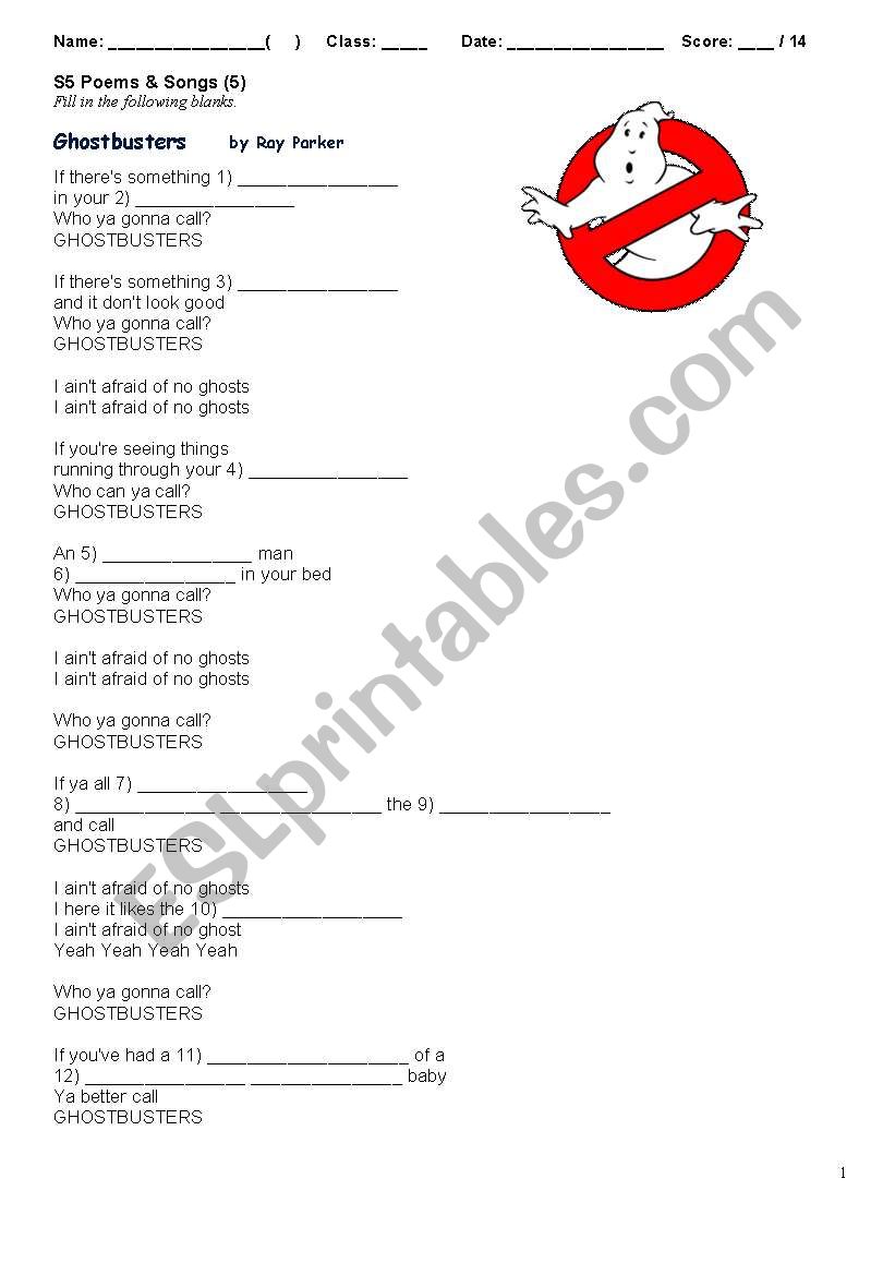 Ghostbusters worksheet