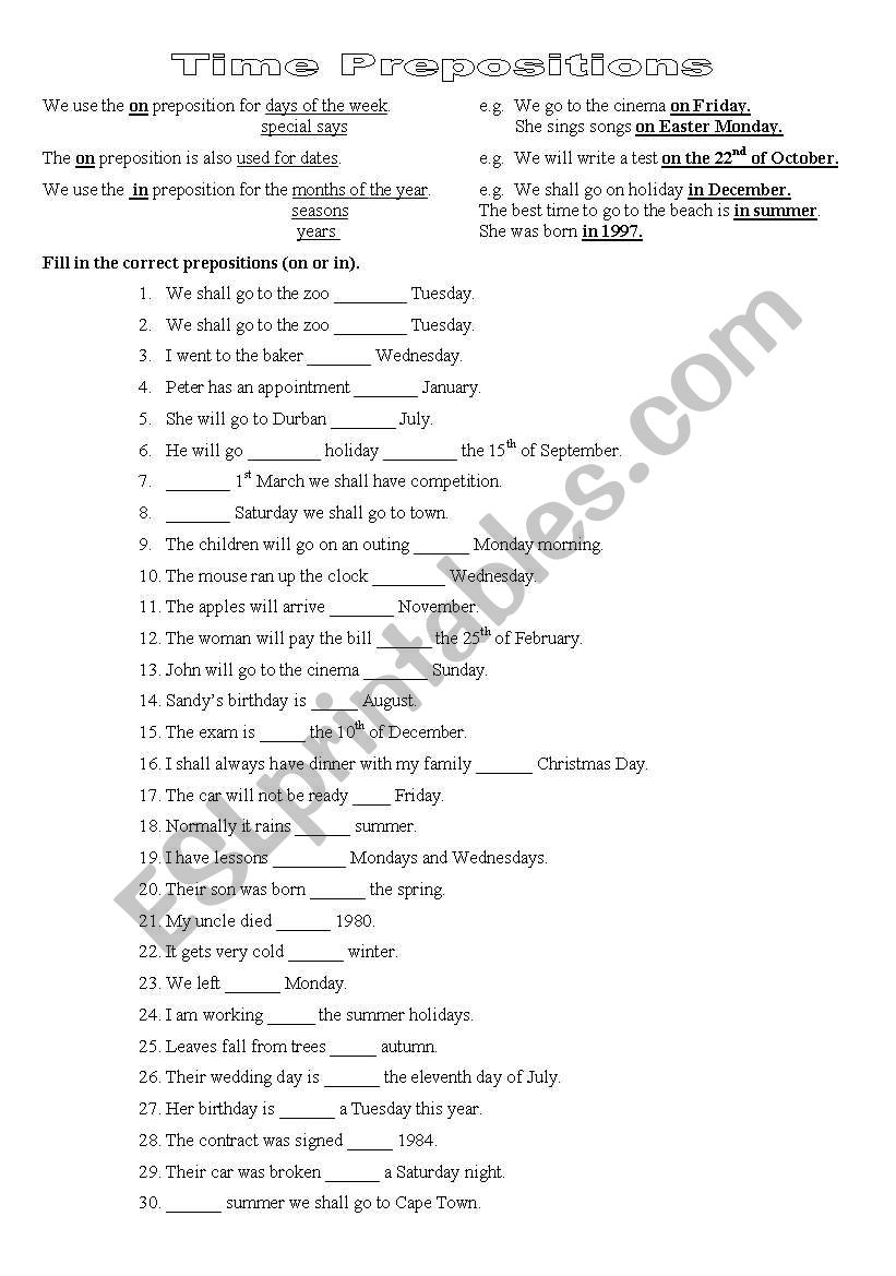 Time prepositions (in, on) worksheet