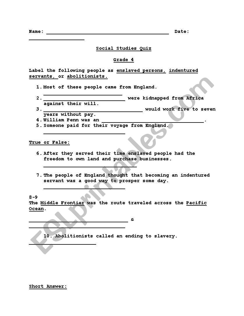 Indentured Servants  worksheet