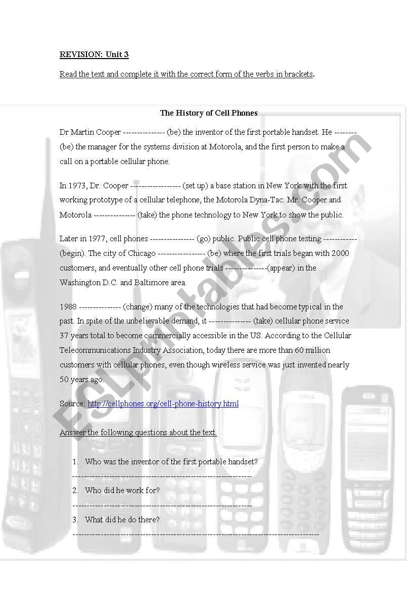 The History of Cell Phones worksheet