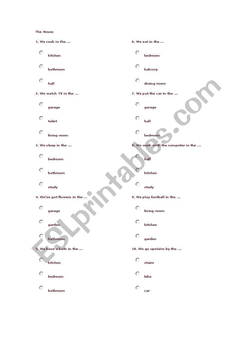 House parts worksheet