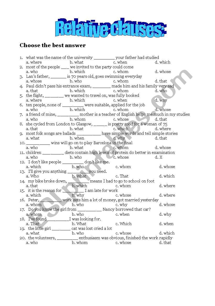 relative clauses worksheet