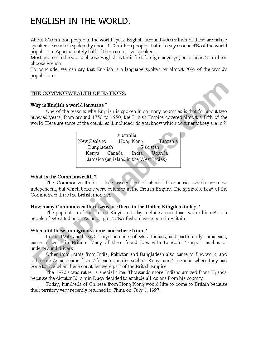 English in the world worksheet