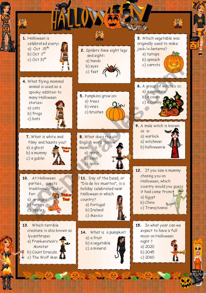 Halloween 2011 - Multiple choice questions + key - ESL worksheet by Sara26