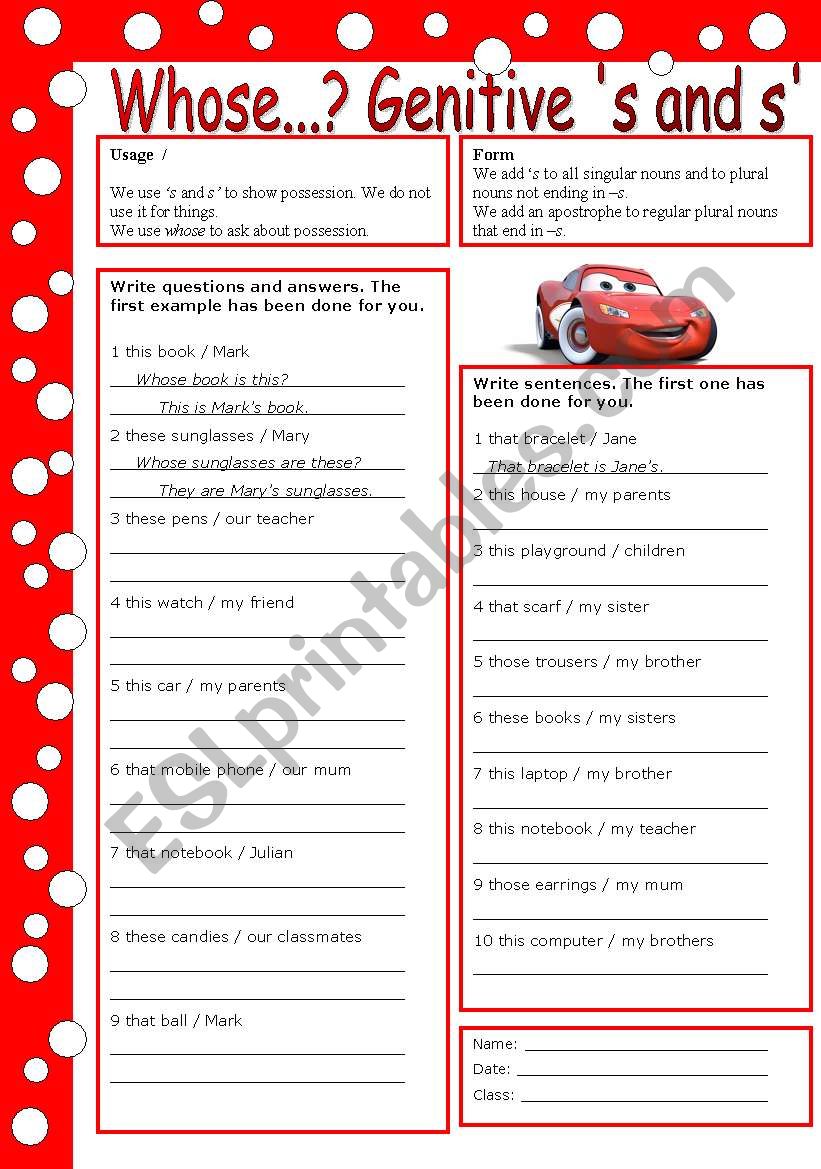 possessive Â´s (with key) worksheet