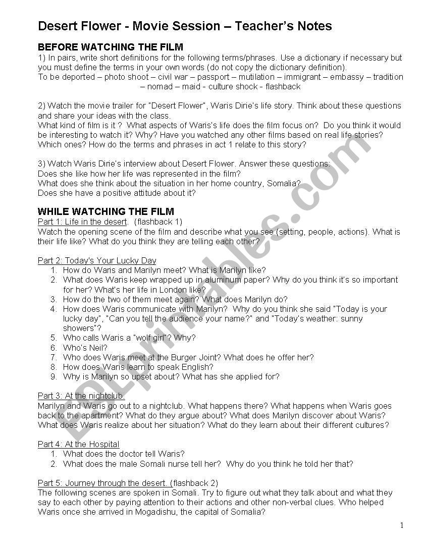 DESERT FLOWER - Movie Worksheet (Teachers Notes) 