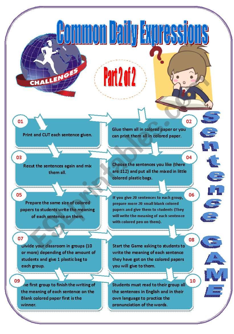 #45# Sentences - ENGLISH CHALLENGE - SENTENCE GAME Part 2 of 2 - Game with 10 instructions + 67 sentences ready to print