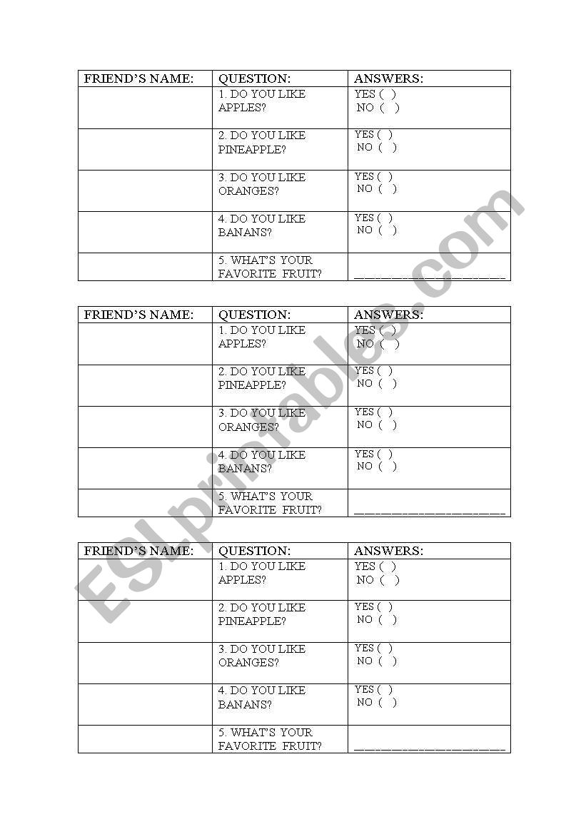 Favorite Fruit Interview worksheet