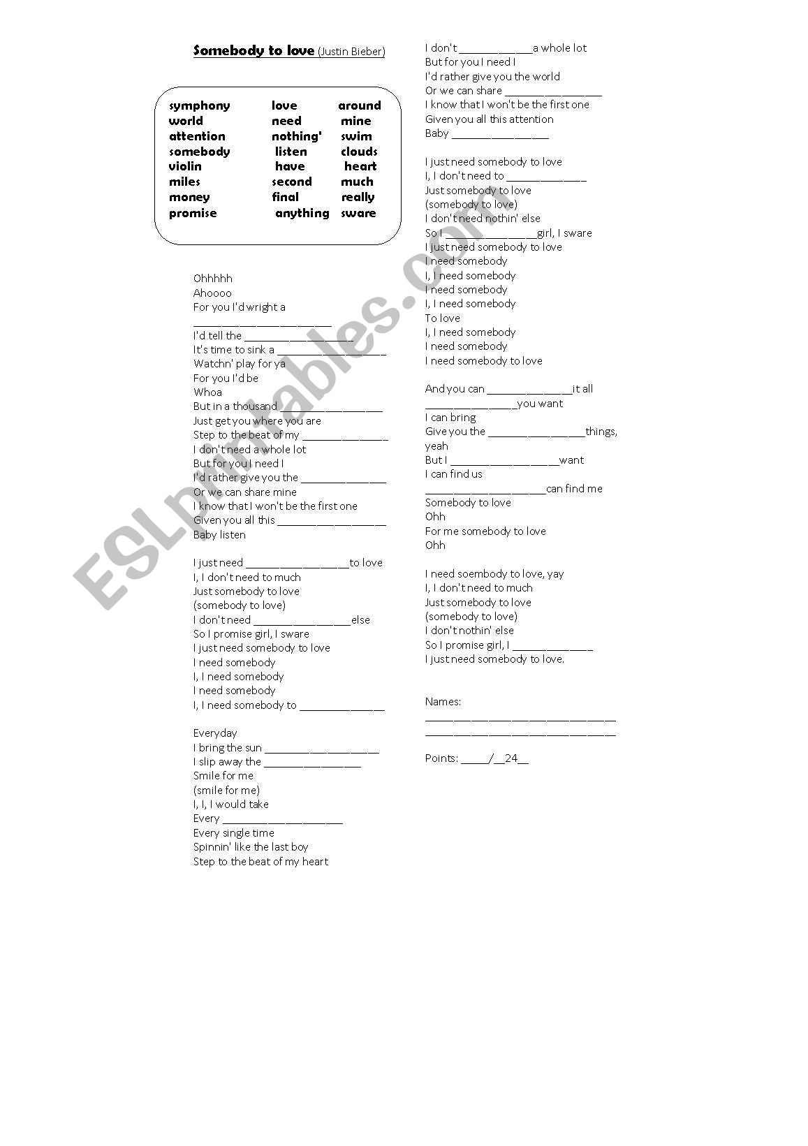 somebody to love  worksheet