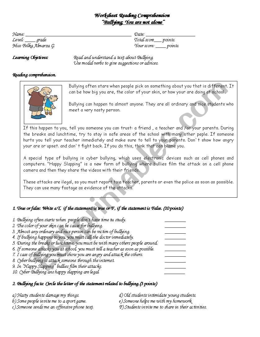 Worksheet Reading Comprehension  Bullying; You are not alone