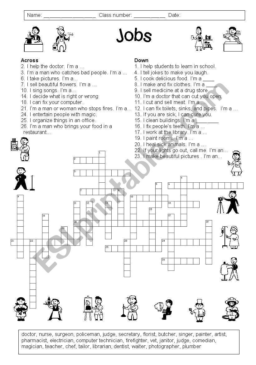 Jobs-- Giant Crossword  worksheet