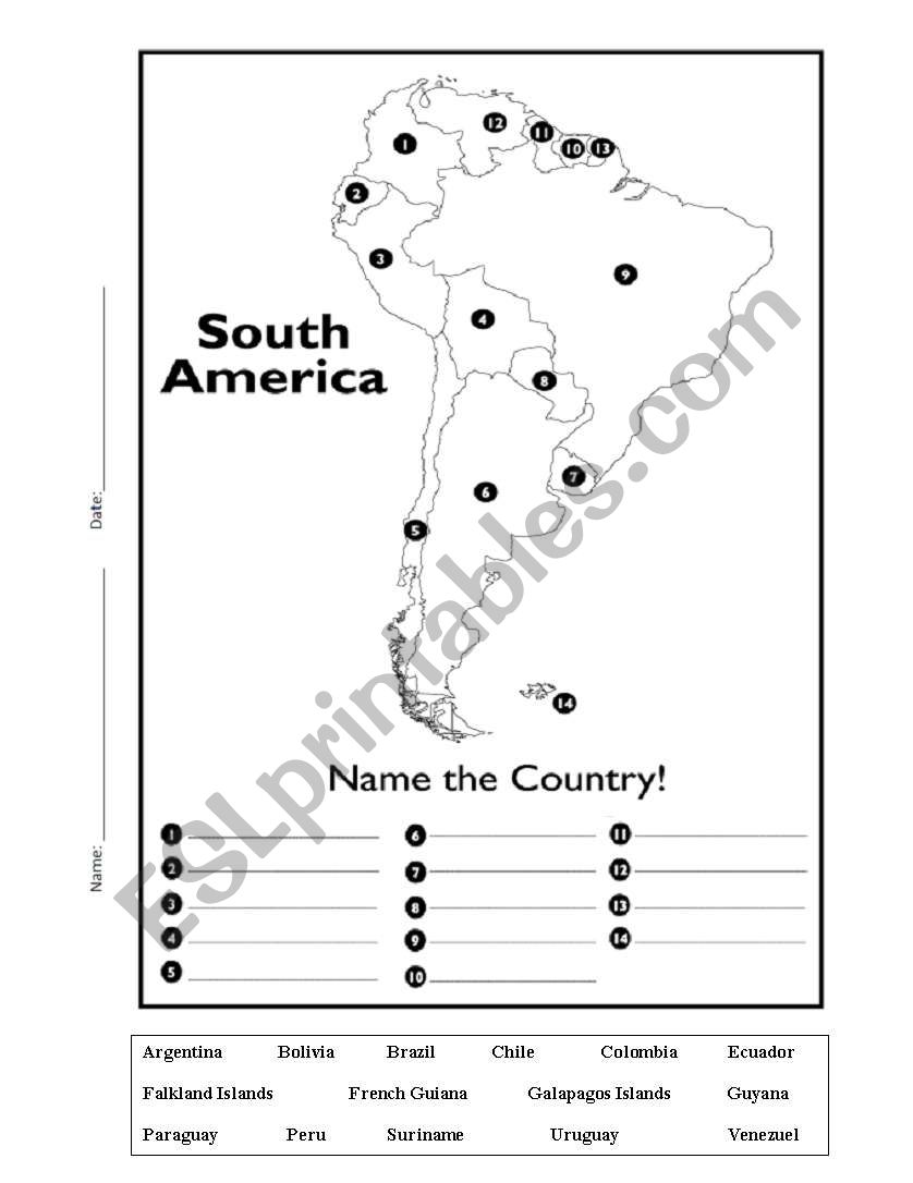 South America Map worksheet