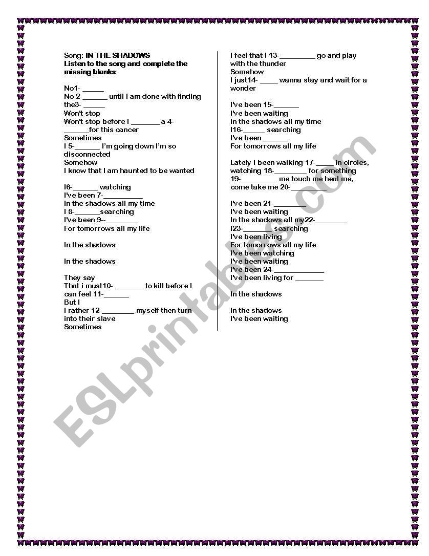 SONG IN THE SHADOWS worksheet