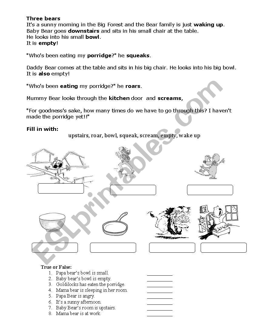 Three bears worksheet