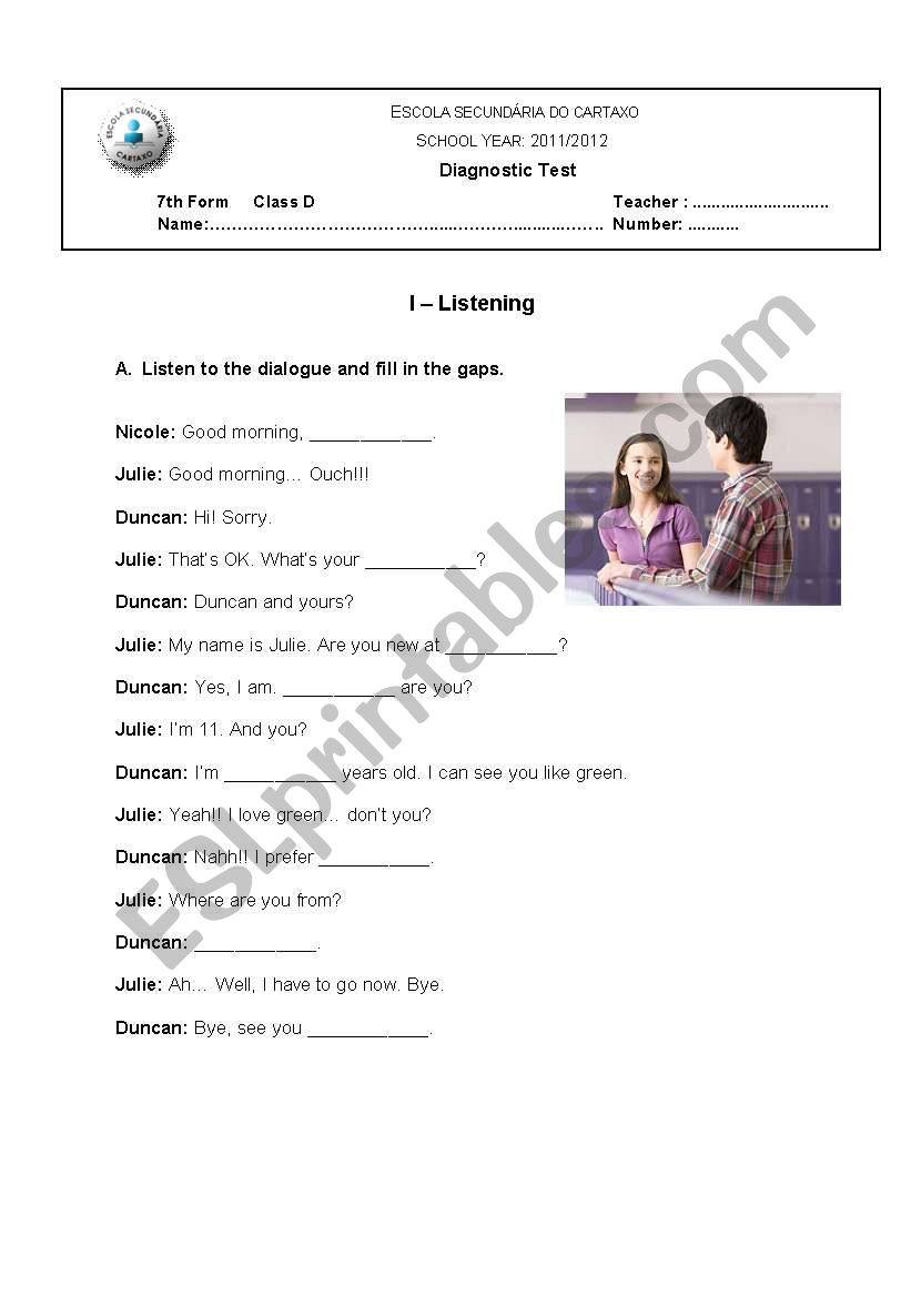 7th form Dignostic Test worksheet