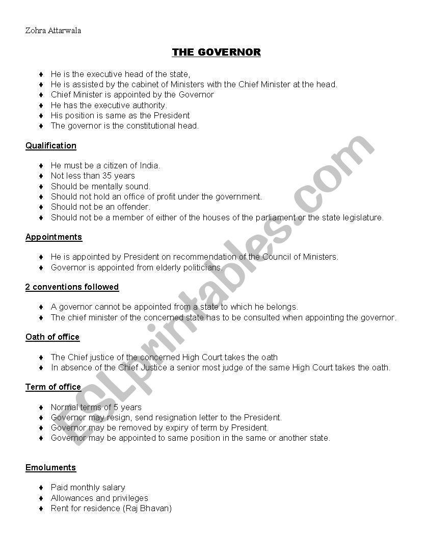 The Governor - Std X ICSE worksheet