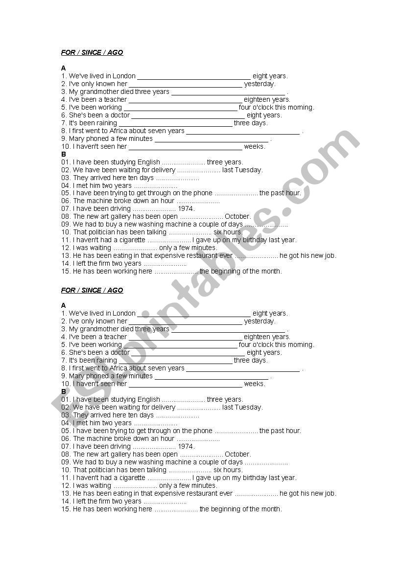 for/since/ago worksheet