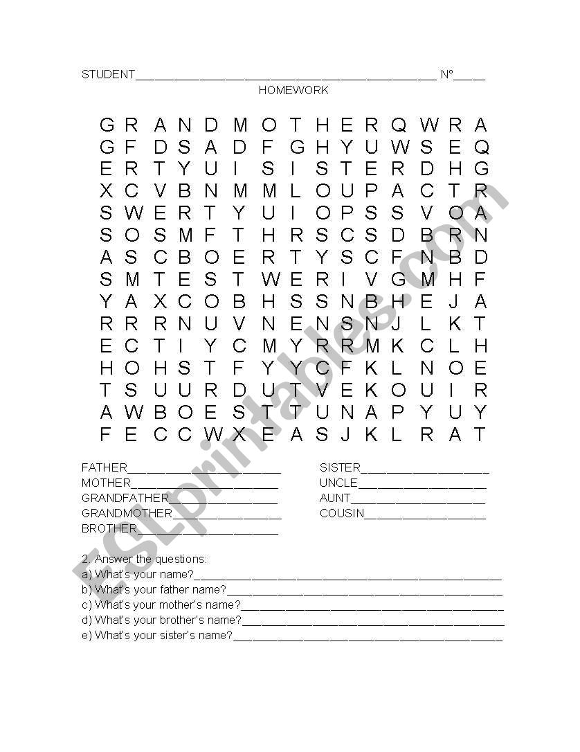 Family wordseach worksheet