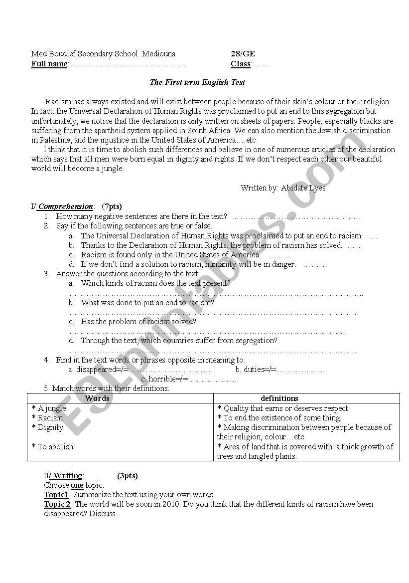 Racism worksheet