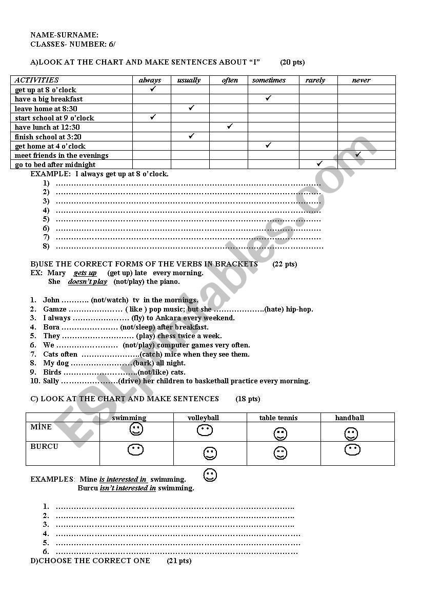 6th grade exam elementary worksheet