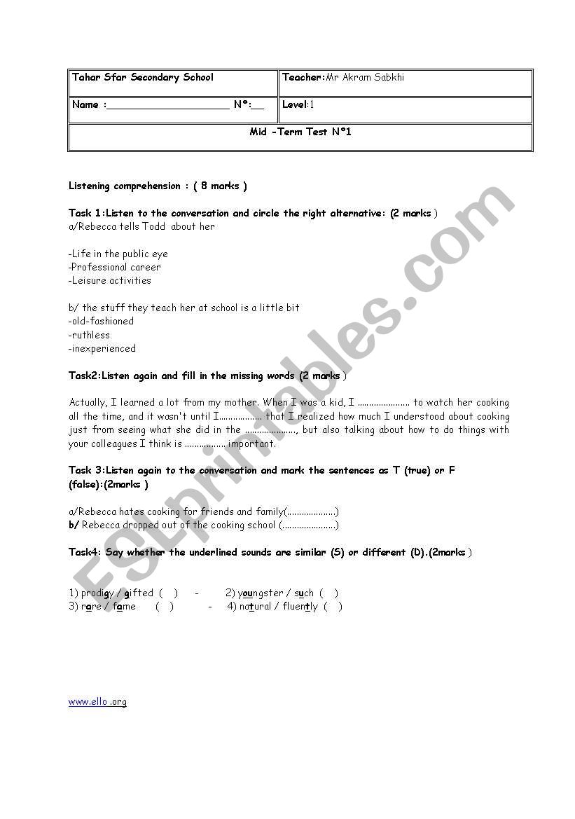 mid term test n:1 worksheet