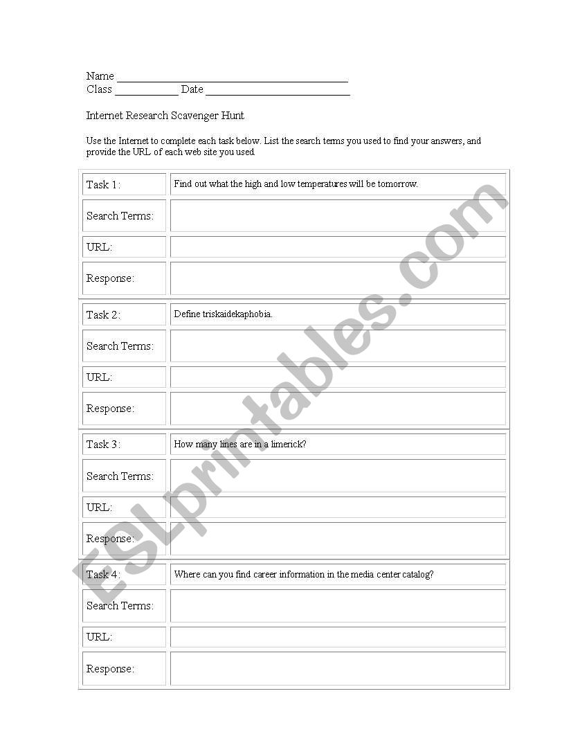 Internet Scavenger Hunt worksheet