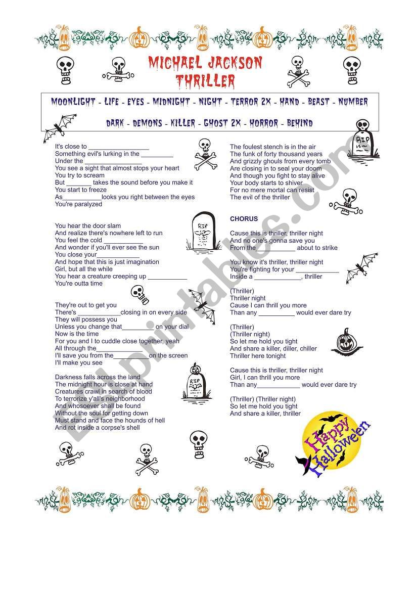 Michael Jackson Thriller worksheet