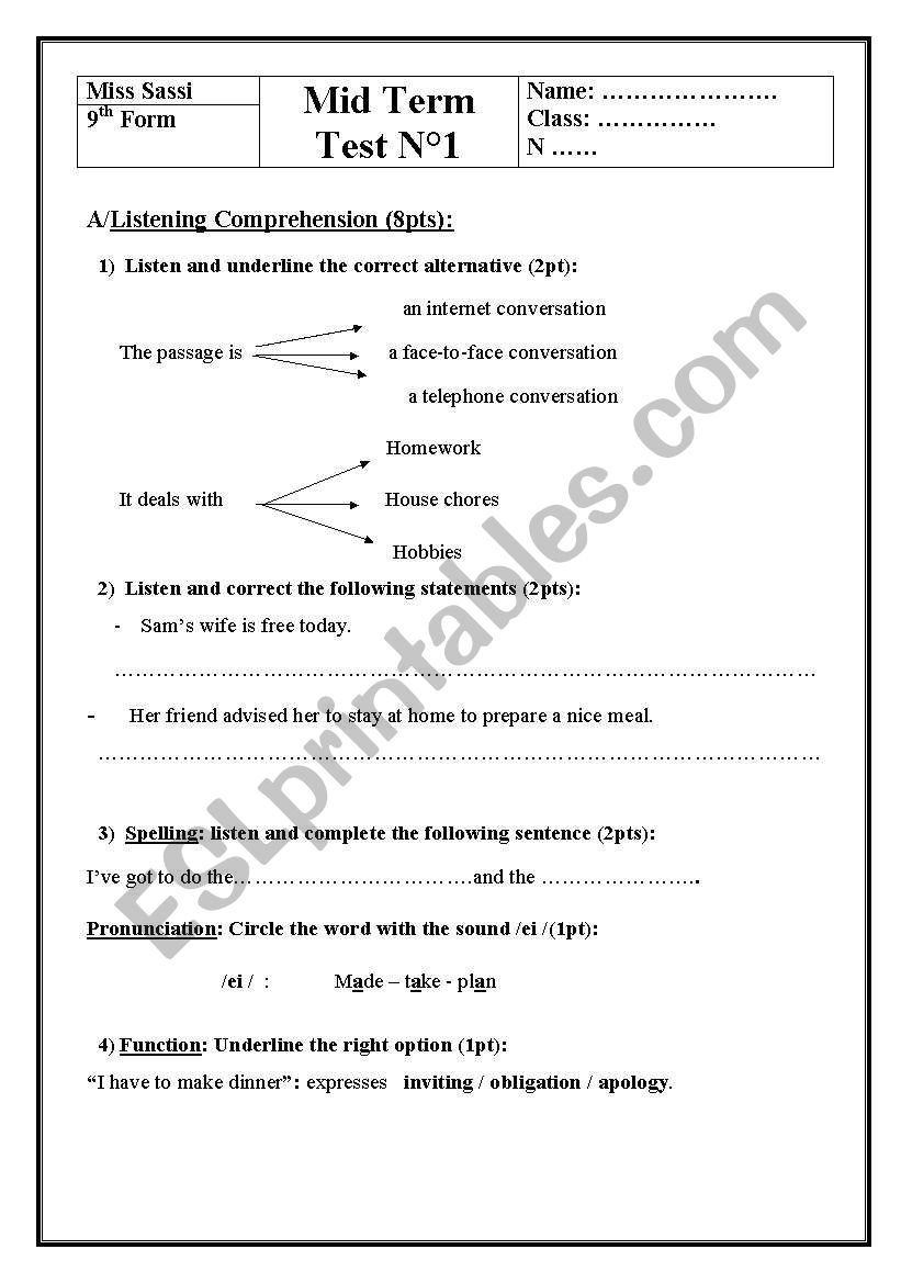 Mid term test 9th form first term